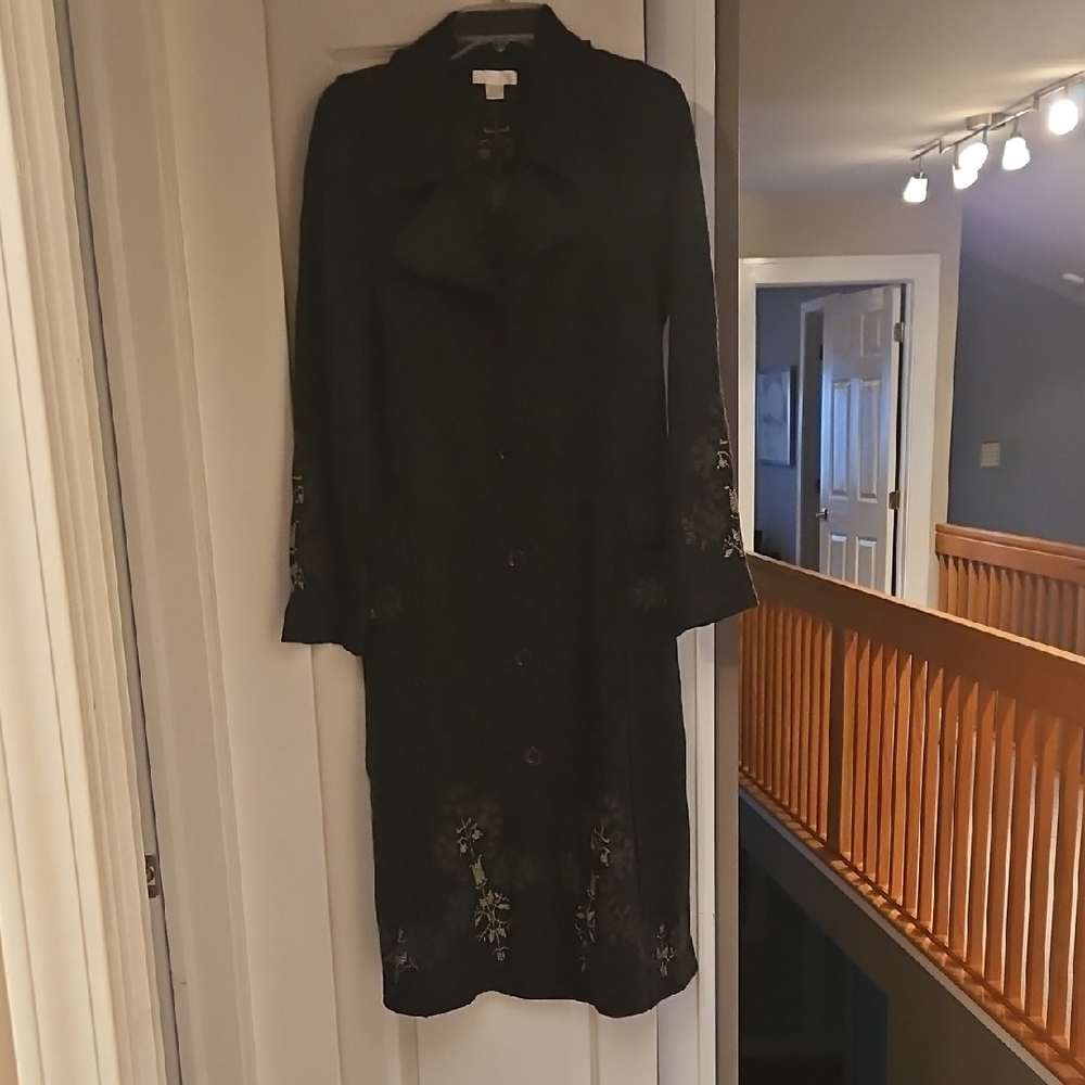 Vintage Whitewash Dark Gray Long Sweater Coat with Embroidery Details